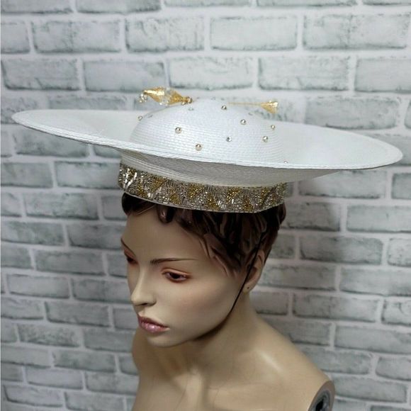 Vintage 80s 90s TIM CRAWFORD White Straw Rhinestone‎ Beaded Derby Cartwheel Hat main image 6